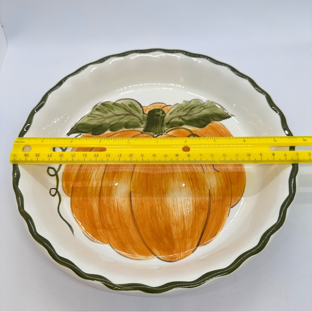 Williams-Sonoma Pumpkin Design Ceramic Pie Dish 9.75" Round White Orange Green - Picture 7 of 8